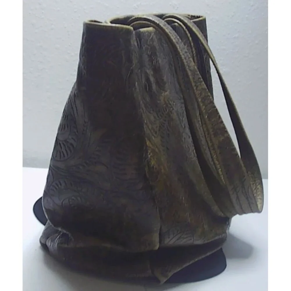 Vtg Handcrafted Embossed Tooled Leather Tote Bag Brown 10x5x10